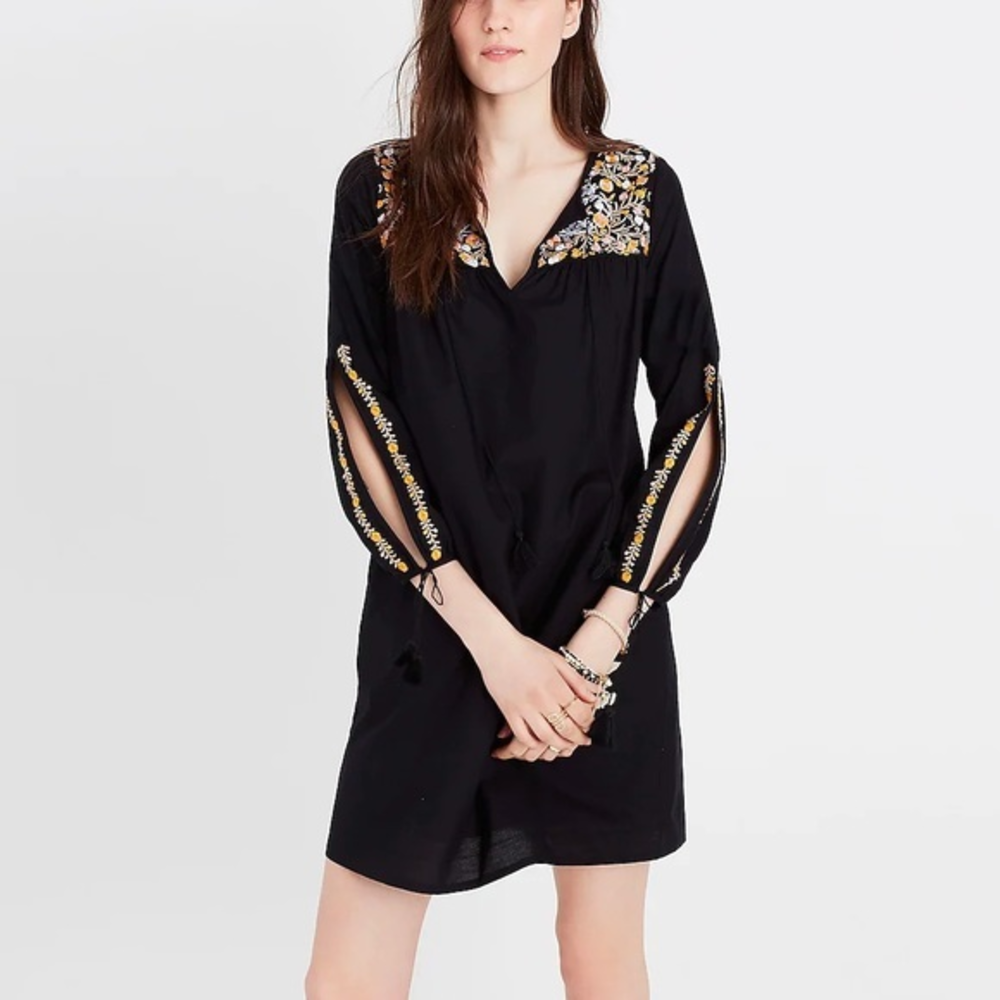 Madewell Black‎ Embroidered Slit-Sleeve Dress Size Small